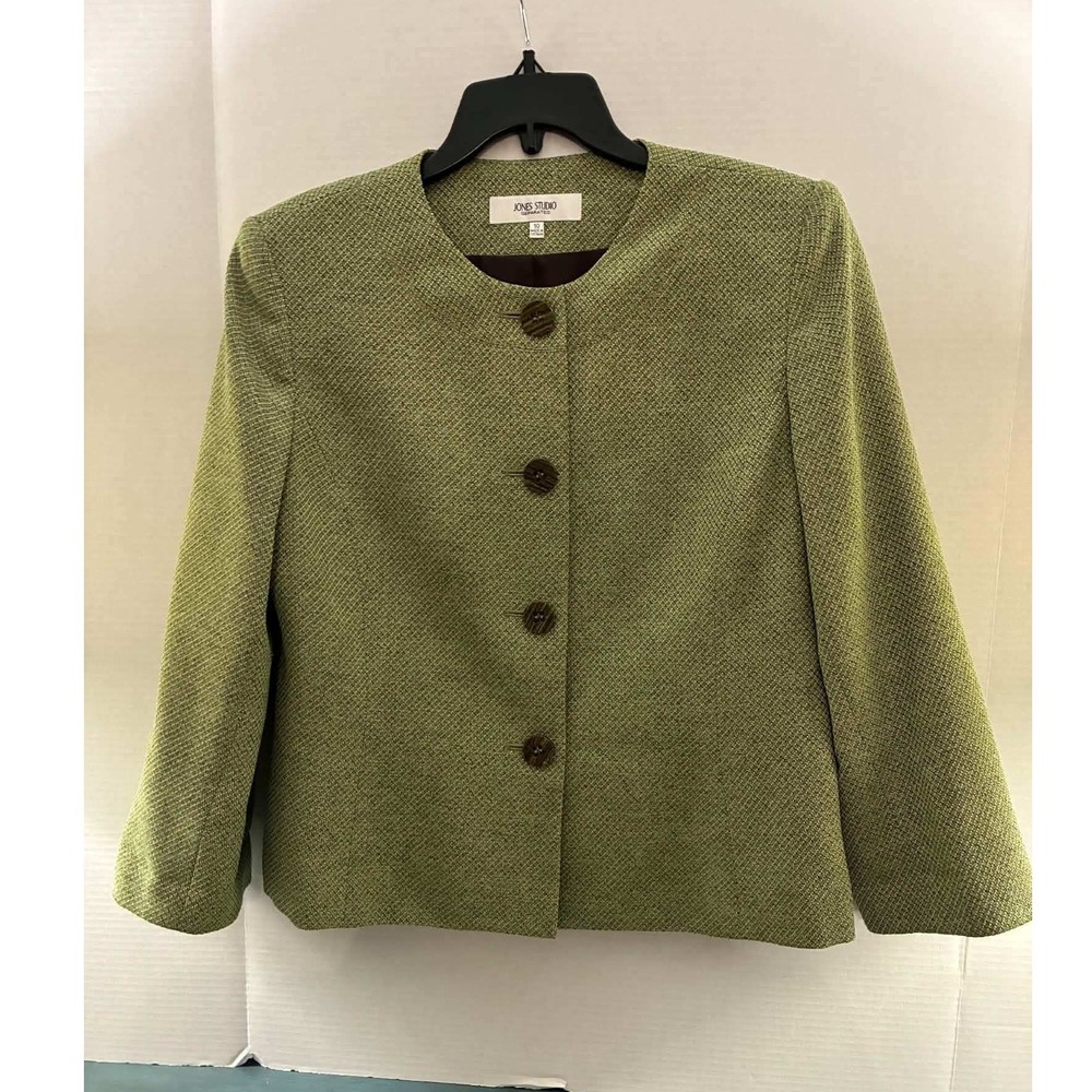 Jones Studio Blazer Womens 10 Green Collarless Textured Button Front Jacket